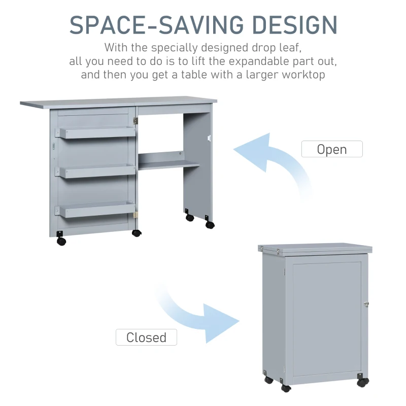 HOMCOM Folding Sewing Table, Rolling Utility Work Station Side Desk with 3-Tier Storage Bins, Shelf, and Lockable Casters, Grey