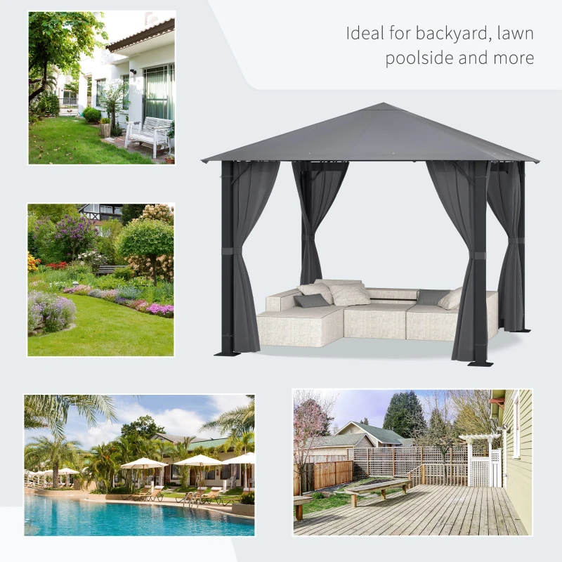 Outsunny 10' x 10' Patio Gazebo, Outdoor Gazebo Canopy Shelter with Netting & Curtains, Vented Roof, for Garden, Lawn, Backyard and Deck, Black