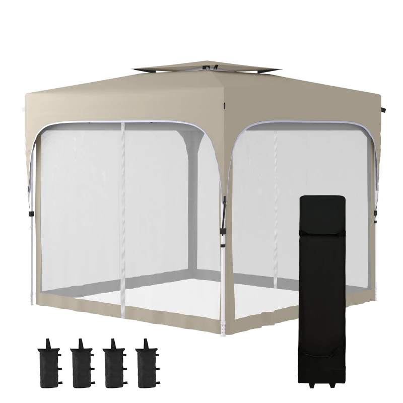 Outsunny 10' x 10' Pop Up Canopy Tent with Netting, Instant Gazebo Shelter, Height Adjustable, with Carry Bag and 4 Sand Bags, 100 Square Feet of Shade, Khaki