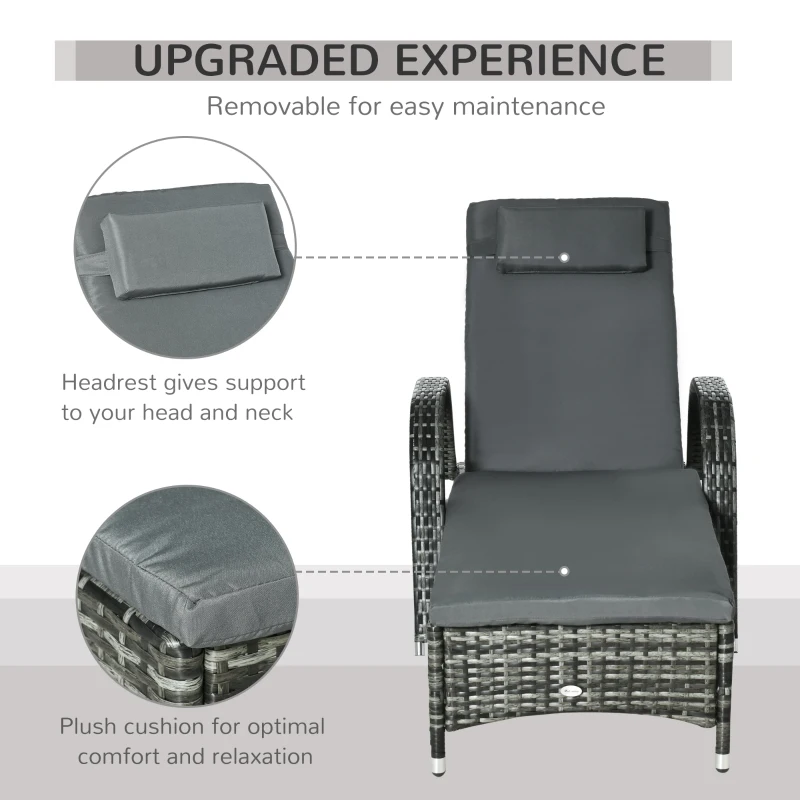 Outsunny 2 Piece Reclining Chaise Lounge Chairs, Outdoor Rattan Sun Longers with Cushion, Wheels for Poolside, Patio, Mixed Gray