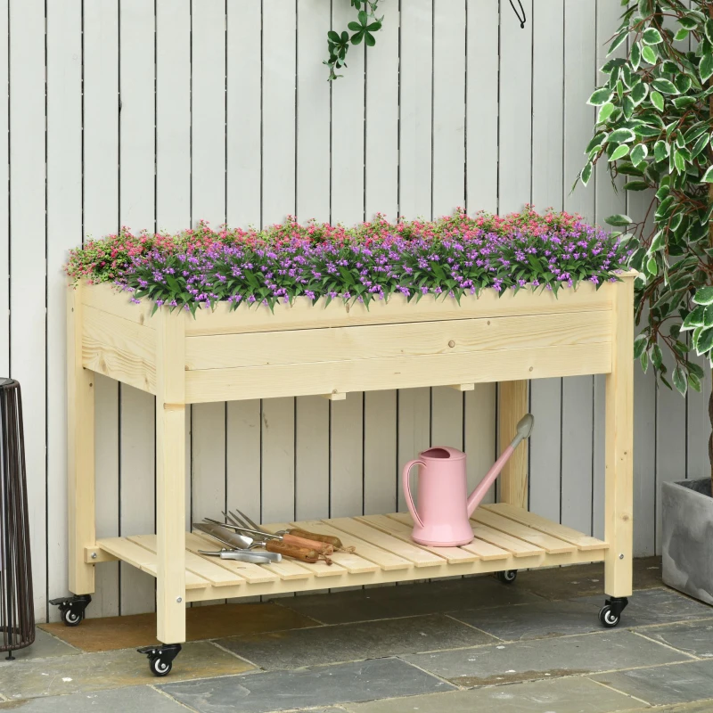 Outsunny Raised Garden Bed, 47" x 22" x 33", Elevated Wooden Planter Box w/ Lockable Wheels, Storage Shelf, and Bed Liner for Backyard, Patio, Natural