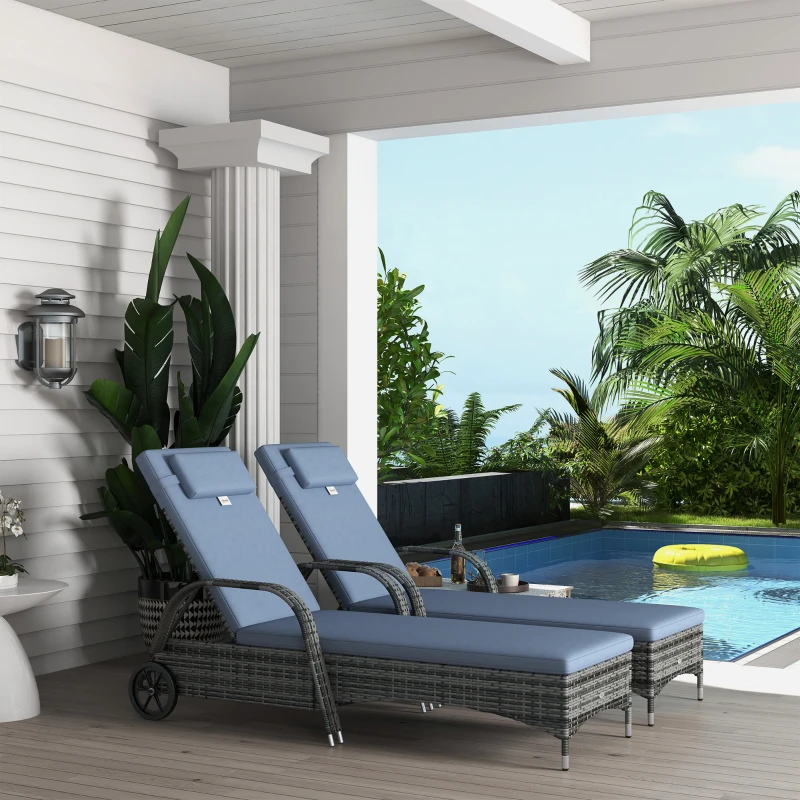 Outsunny 2 Reclining Chaise Lounge Chairs, Rolling Outdoor Chairs with Cushion, Pillow, Headrest, Armrests, and Wheels, Gray