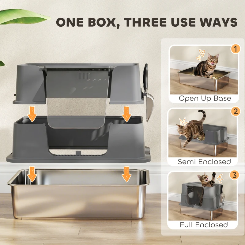 PawHut XL Stainless Steel Litter Box w/ 100° Flip Top, Scoop, Top & Side Entry Enclosed Litter Box for Big Cats