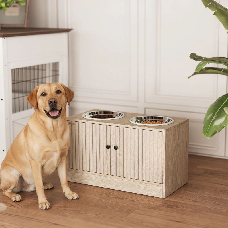 PawHut Elevated Dog Bowls with Storage Cabinet,  2 Stainless Steel Bowls, Slow Feeder, Dog Feeding Station for Large Dogs, Oak