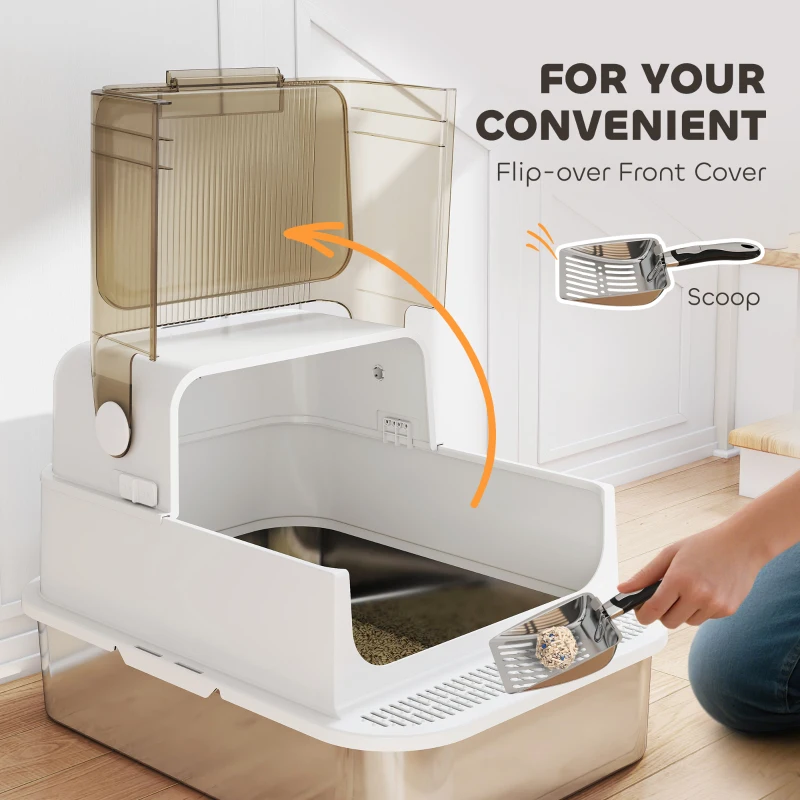 PawHut Stainless Steel Cat Litter Box, Easy-Clean Enclosure with Scoop & Flip Lid, 27.6" L x 19.7" W x 18.3" H, White