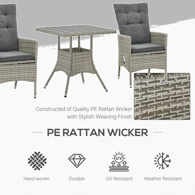 Outsunny 3 Piece Patio Bistro Set, PE Wicker Furniture Conversation Set w/ Tufted Cushion Reclining Chairs & Coffee Table, Gray
