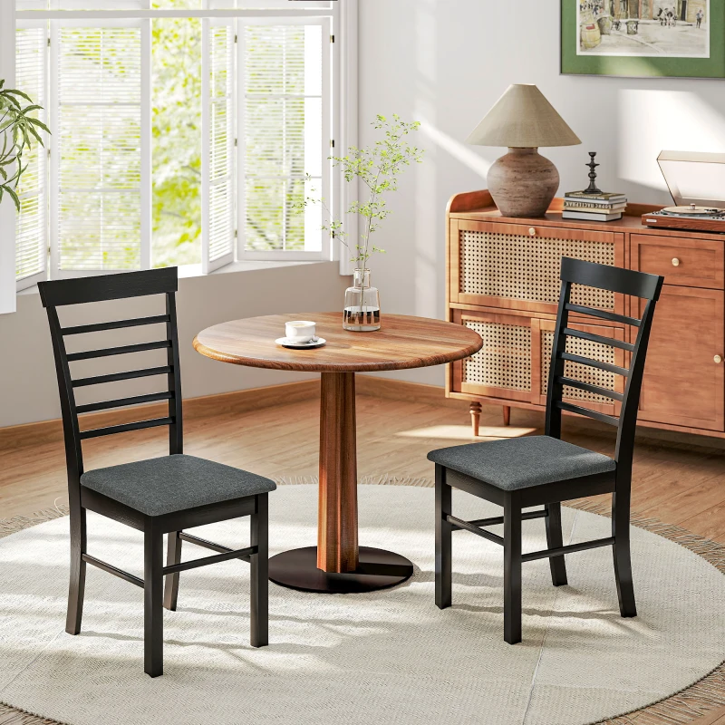 HOMCOM Wooden Dining Chairs Set of 2, Farmhouse Upholstered Kitchen Chairs with Rubber Wood Frame, Black and Gray