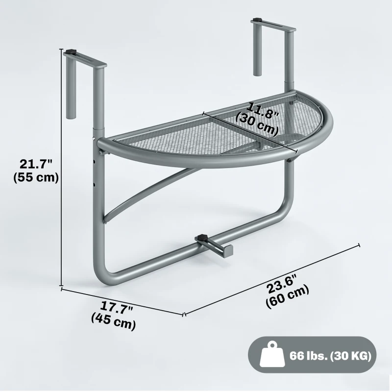 Outsunny Adjustable Balcony Hanging Railing Table, Metal Mounting Mini Wall Desk Storage Rack, Outdoor Flower Stand Serving Table Half Round, Grey