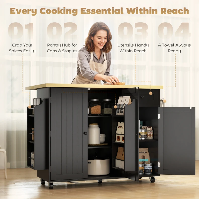 HOMCOM Kitchen Island Cart, Rolling Kitchen Island Table with Drop Leaf, Drawer, Spice and Towel Rack, Black