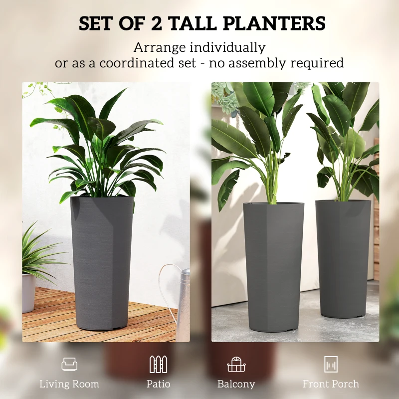 Outsunny 24" Tall Planters Set of 2, Indoor Outdoor Plastic Flower Pots with Inner Bucket and Drainage Holes, Dark Gray