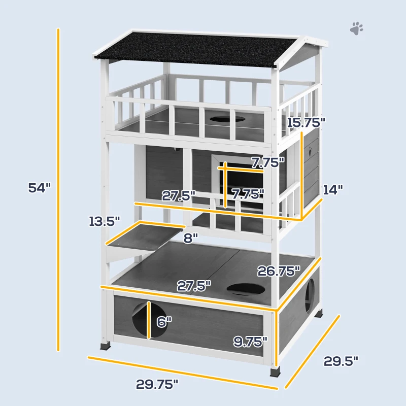 PawHut Wooden Outdoor Cat House with Asphalt Roof, Escape Doors, Condo, Jumping Platform, Light Gray