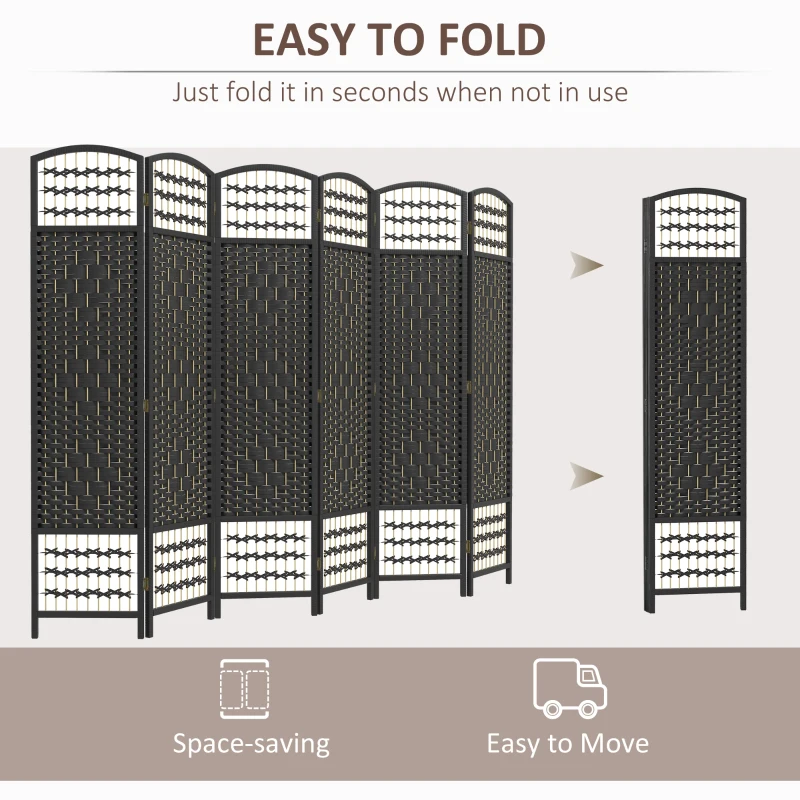HOMCOM 6 Panel Folding Room Divider, Portable Privacy Screen, Wave Fiber Room Partition for Home Office, Black