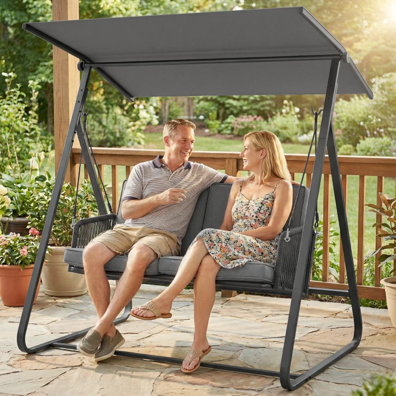 Outsunny 2-Person Outdoor Patio Porch Swing with Adjustable Canopy, Rattan Hanging Swing Bench with Soft Cushions