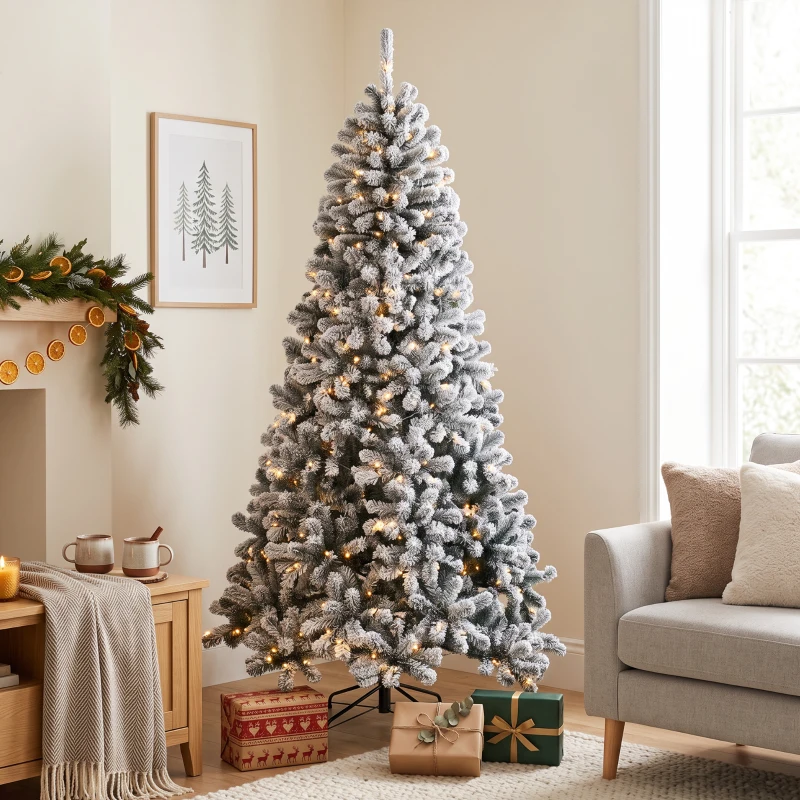HOMCOM 7.5ft Flocked Prelit Christmas Tree, Northern Pine, Artificial Xmas Tree with Curved Tips, LEDs