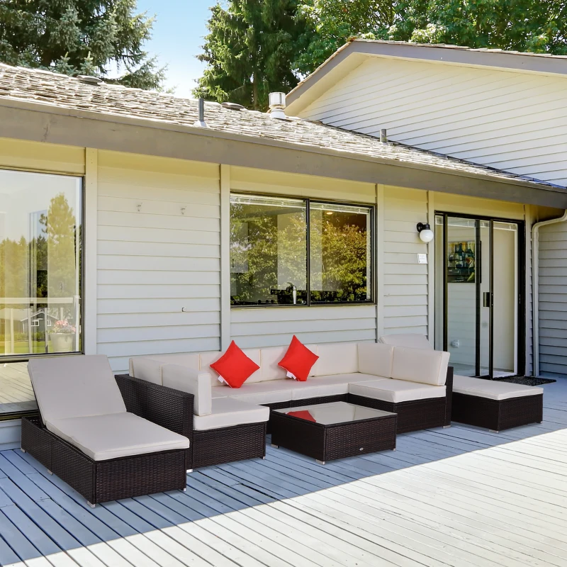 Outsunny 9 Piece Patio Furniture Sets, Wicker Sectional Sofa Sets Outdoor Rattan Conversation Sets with Tempered Glass Tabletop Tea Table and Two Loungers for Garden, Balcony, Backyard, Dark Coffee