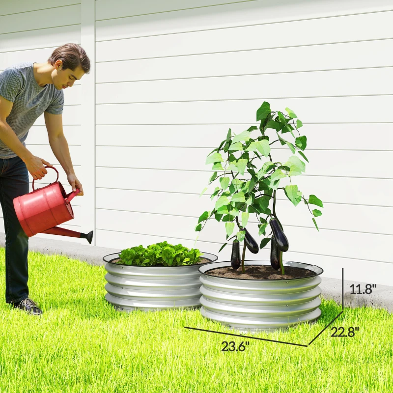 Outsunny Set of 2 Raised Garden Bed, Metal Planter Box with Safety Edging, Easy-to-assemble Stock Tank 2'x2'x1' Silver