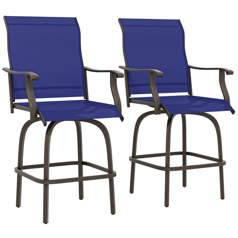 Outsunny Outdoor Bar Stools Set of 2, Swivel Bar Height Chairs with High Back, Curved Armrests and Steel Frame, Navy Blue