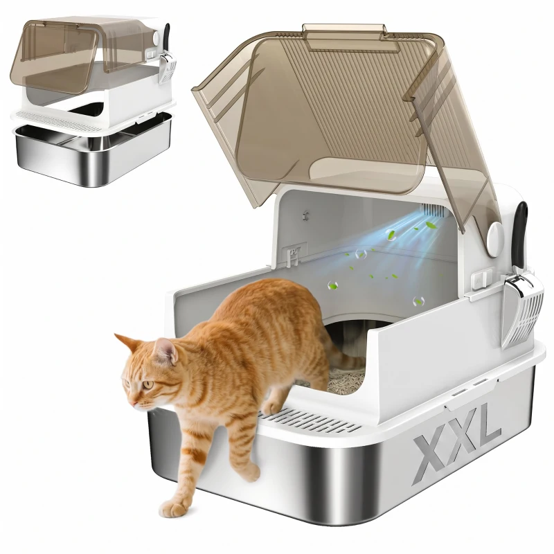 PawHut Stainless Steel Cat Litter Box, Easy-Clean Enclosure with Scoop & Flip Lid, 27.6" L x 19.7" W x 18.3" H, White
