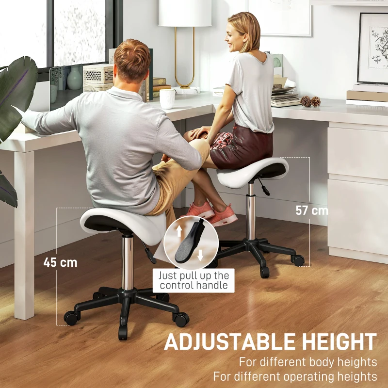 HOMCOM Saddle Stool, Adjustable Rolling Stool, White