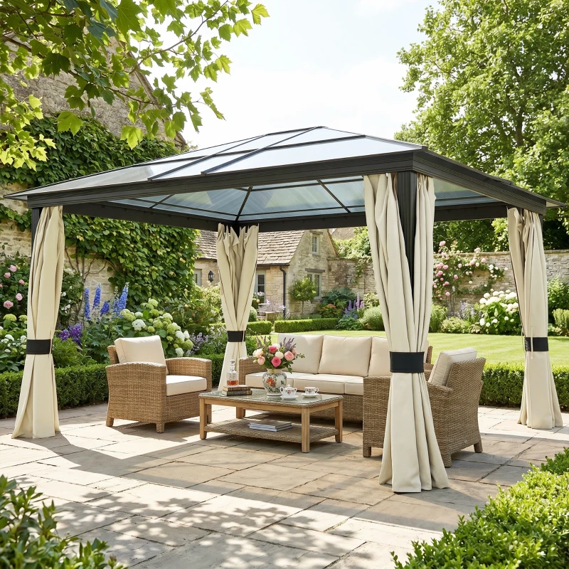 Outsunny 12' x 14' Hardtop Gazebo Canopy with Polycarbonate Roof, Aluminum Frame, Netting and Curtains, Brown