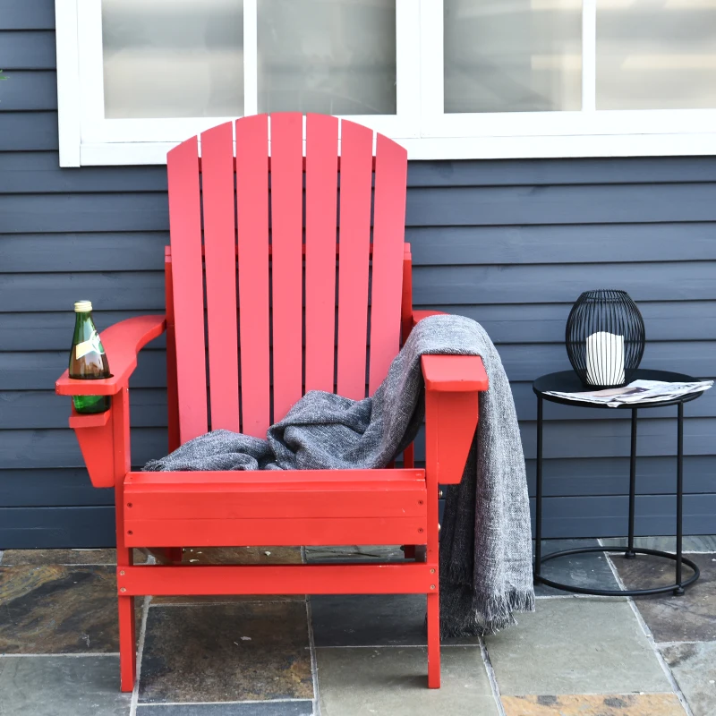 Outsunny Oversized Adirondack Chair, Outdoor Fire Pit and Porch Seating, Classic Log Lounge w/ Built-in Cupholder, Red