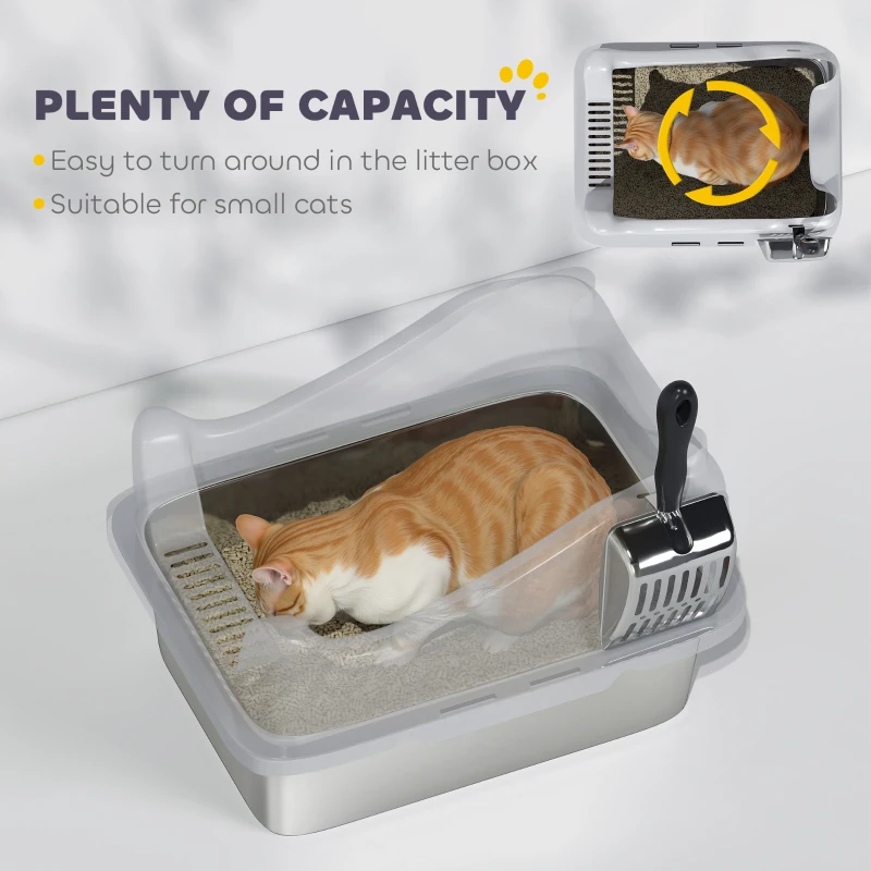 PawHut Cat Litter Box Stainless Steel with Metal Litter Scoop, Never Absorbs Odors, Anti Leakage, 17" x 13" x 10", Grey