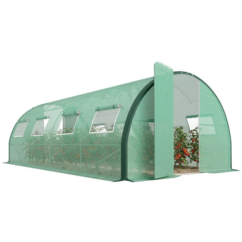 Outsunny Tunnel Greenhouse Walk-in Plant Warm House with 2 Hinged Doors, 8 Mesh Windows, 20' x 10' x 6.6', Green