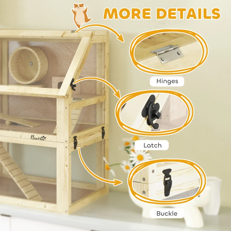 PawHut 3 Tier Wooden Hamster Cage w/ Detachable Bottom, Hut, Seesaw, Exercise Wheel, Ramps, 24" x 16" x 29.5"
