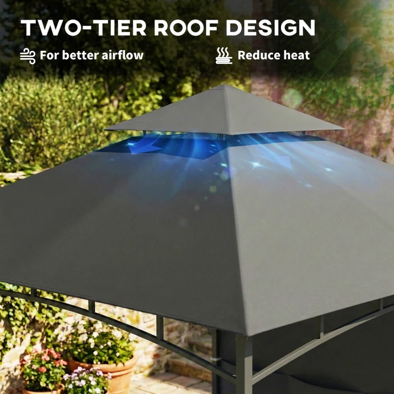 Outsunny 10' x 10' Patio Gazebo, Double Roof Outdoor Gazebo Canopy Shelter with Storage, Hook, Metal Frame, Dark Grey