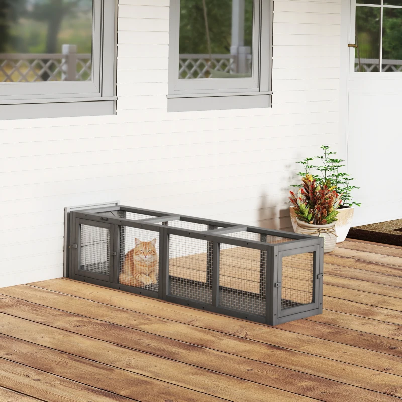 PawHut Outdoor Cat Tunnel, 59" Wooden Play Cat Enclosure, Extendable Pet Run with 3 Doors for Kitty, Puppy, Gray