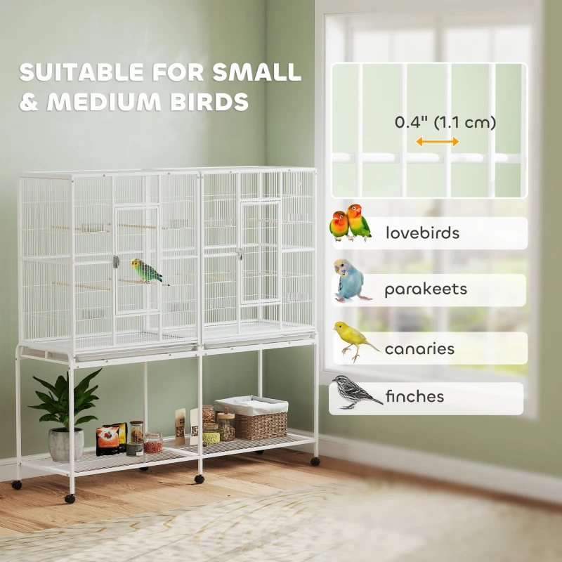PawHut 64" Large Rolling Bird Cage Bird House with Detachable Rolling Stand, Storage Shelf, Wood Perch Food Container, White
