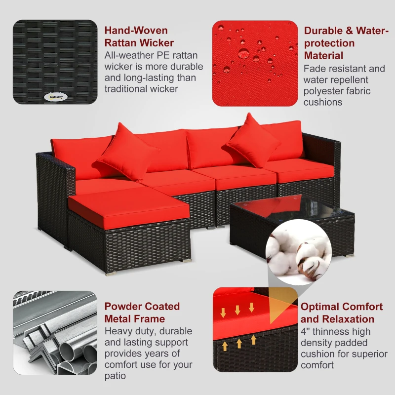 Outsunny 6 Piece Patio Furniture Set Outdoor Wicker Conversation Set All Weather PE Rattan Sectional Sofa Set with Ottoman, Cushions and Tempered Glass Table, Coffee and Red