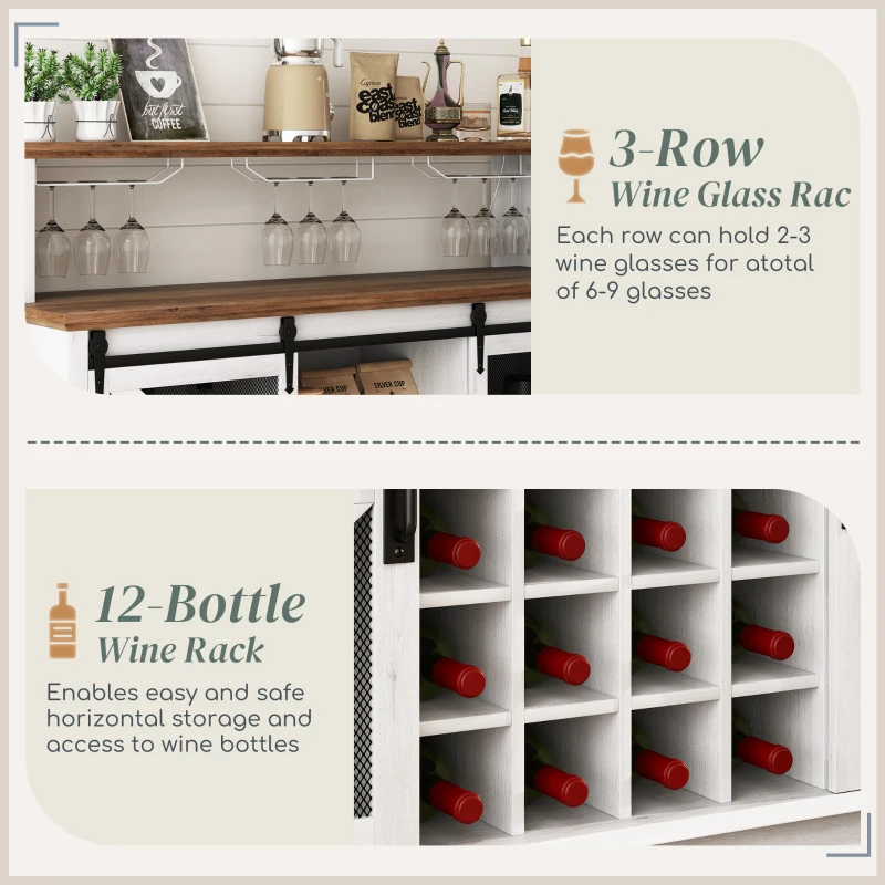 HOMCOM 55" Coffee Bar Cabinet with Lights, Farmhouse Wine Cabinet with Wine and Glass Racks for Kitchen, Dining Room, White