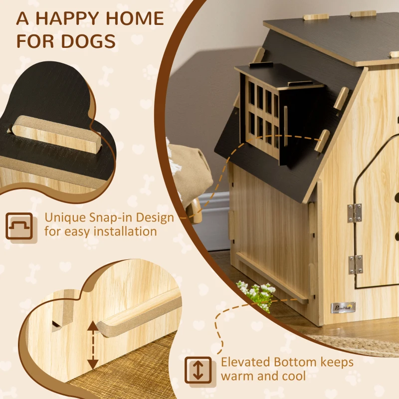PawHut Cottage Design Small Dog House Indoor with Roomy Interior, Cute Wooden Pet Homee with Windows, Lockable Door with Bone Shape, for Small Sized Dog, Oak