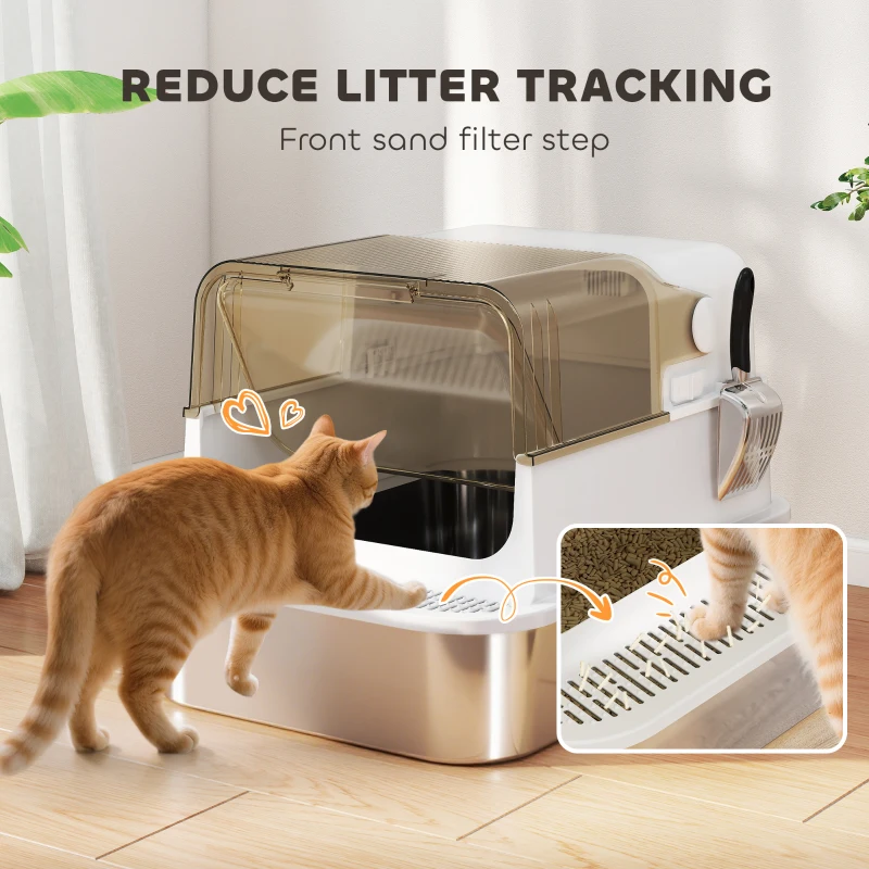 PawHut Stainless Steel Cat Litter Box, Easy-Clean Enclosure with Scoop & Flip Lid, 27.6" L x 19.7" W x 18.3" H, White