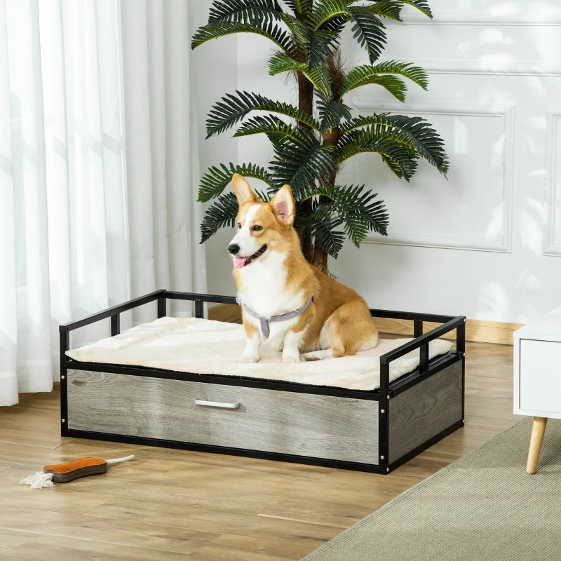 PawHut Elevated Dog Bed, Furniture Style Pet Sofa Couch, Soft Modern Puppy Lounger with Storage Drawer, Cushion, for Medium-sized Animals, Grey