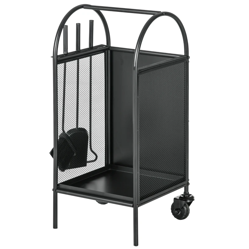 Outsunny 15" Outdoor Firewood Rack with Wheels and Tools, Heavy Duty Wood Storage Stacker, Indoor Outdoor Log Rack, Black