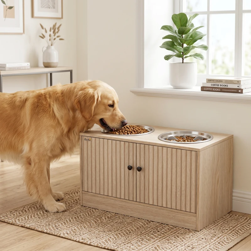 PawHut Elevated Dog Bowls with Storage Cabinet,  2 Stainless Steel Bowls, Slow Feeder, Dog Feeding Station for Large Dogs, Oak