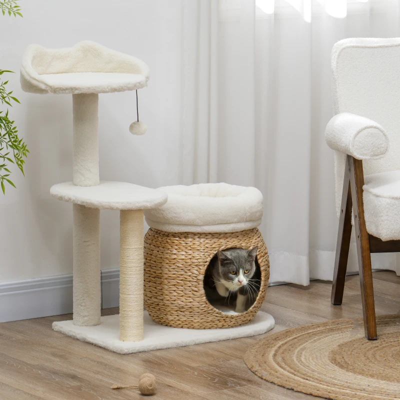 PawHut 31" Cat Tree Tower with Scratching Posts, Cat Condo, Beds, Platform and Toy Ball for Indoor Cats, Cream White