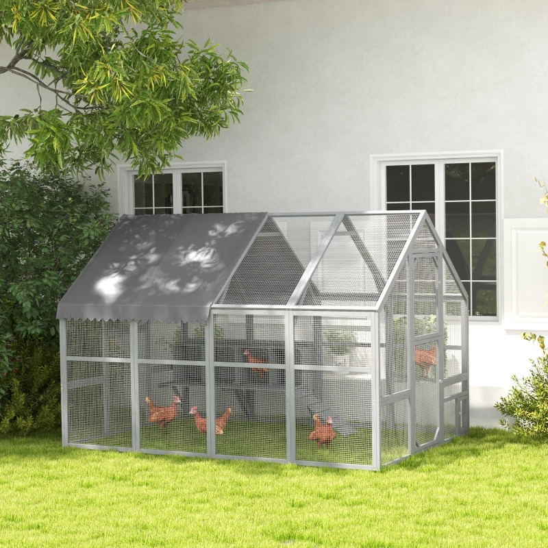 PawHut 9' x 6' x 6' Large Chicken Coop with Nesting Box, Water-Resistant and Anti-UV Cover for 8-12 Chickens, Gray(m-14)