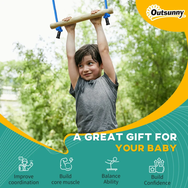 Outsunny Ninja Slackline Set, 30-Piece, 10m Rope with Obstacles, Climbing Frame, Playset Equipment for Children Aged 3-6