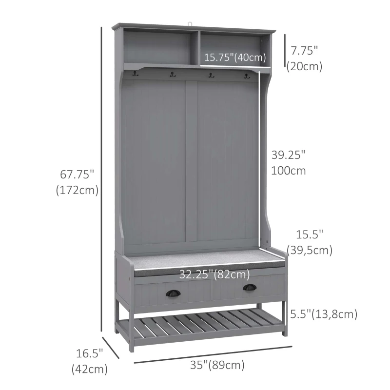 HOMCOM Coat Rack Shoe Bench, Hall Tree with Bench and Shoe Storage, Entryway Bench with 4 Hooks, 2 Drawers, 2 Shelves, Grey