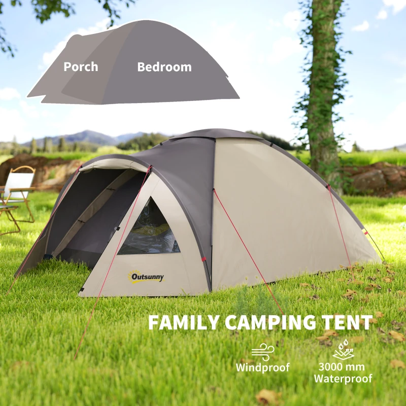 Outsunny 2 Person Camping Tent, Waterproof Family Dome Tent with Bedroom, Porch, Sewn-in Groundsheet and Hook, Khaki