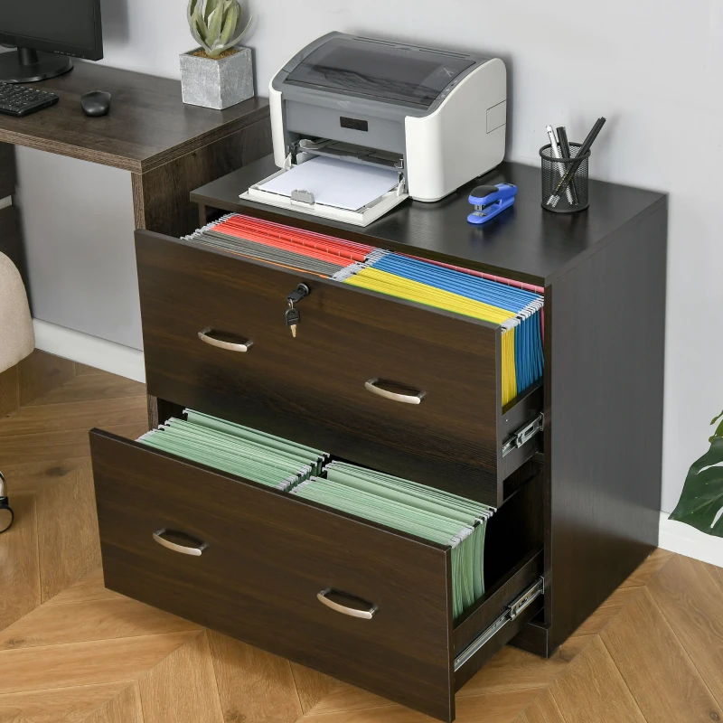 Vinsetto 2-Drawer File Cabinet with Lock and Keys, Lateral Storage Filing Cabinet with Hanging Bar for Letter Size, Home Office, Walnut