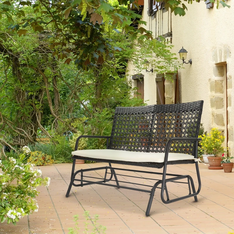 Outsunny Patio 2-Person Wicker Glider Bench Swing Gliding Chair, Outdoor All-Hand Woven PE Rattan Loveseat w/ Ergonomic Design for Patio, Garden, Porch, Lawn, Brown