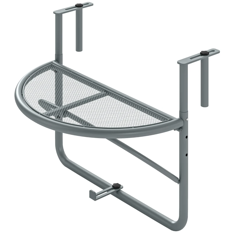 Outsunny Adjustable Balcony Hanging Railing Table, Metal Mounting Mini Wall Desk Storage Rack, Outdoor Flower Stand Serving Table Half Round, Grey