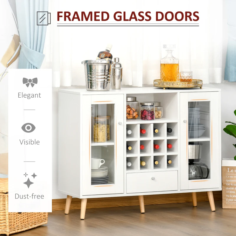HOMCOM Sideboard Storage Cabinet, Kitchen Cupboard with Glass Doors, Drawer, 12-Bottle Wine Rack for Living Room, White