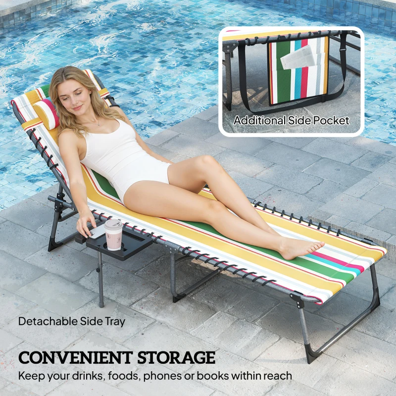 Outsunny Folding Outdoor Chaise Lounge Chair Tanning Chair with 5-Level Adjustable Back, Side Table, Pillow, Pocket, Mixed Color