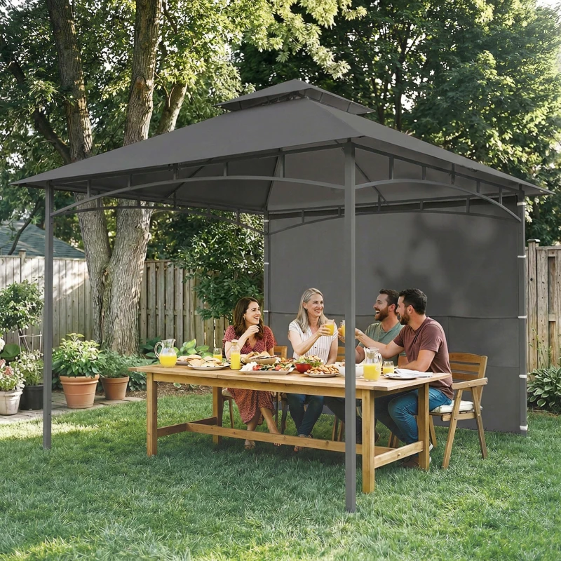 Outsunny 10' x 10' Patio Gazebo, Double Roof Outdoor Gazebo Canopy Shelter with Storage, Hook, Metal Frame, Dark Grey