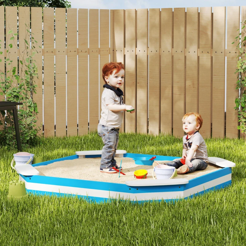 Qaba Kids Sandbox with 4 Corner Seats, Bottom Liner for Backyard, Garden, Outdoor, 52" x 52" x 6", Blue